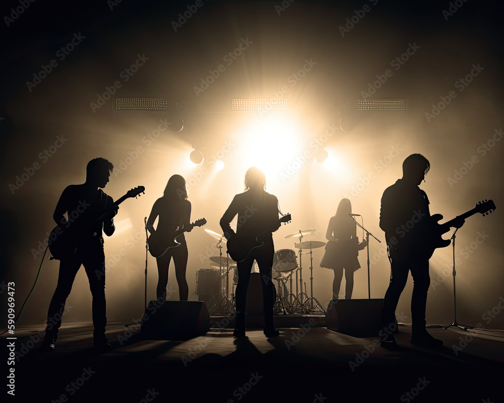 Music Silhouette Illustration - A Rock Band Performing on Stage in Fog