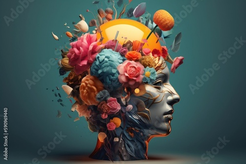 Colorful 3D collage illustration representing a person with a creative mind