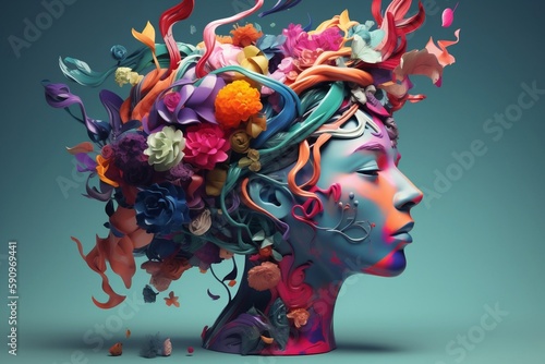 Colorful 3D collage illustration representing a person with a creative mind