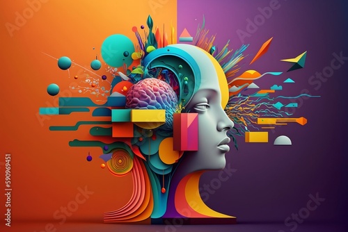 Colorful 3D collage illustration representing a person with a creative mind interfacing with AI machine tools photo