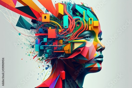 Colorful 3D collage illustration representing a person with a creative mind