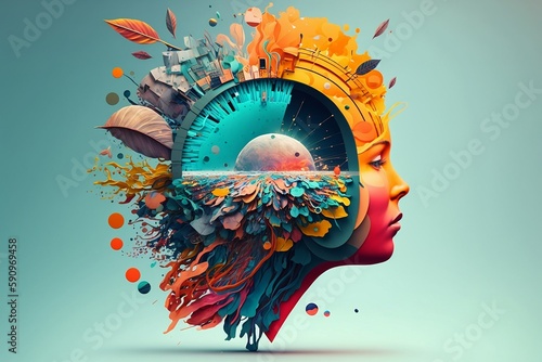 Colorful 3D collage illustration representing a mind interfacing with AI computers, depicting an imaginative mix of realistic and abstract elements coming out of the person's head
