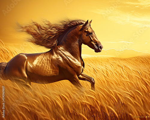Galloping Horse in a Wheat Field