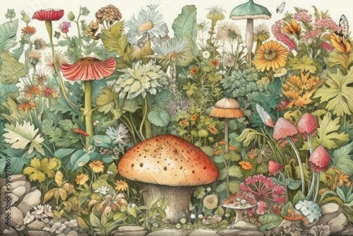 A beautiful and whimsical illustration of a hidden garden with various plants, flowers, and small animals, Generative AI