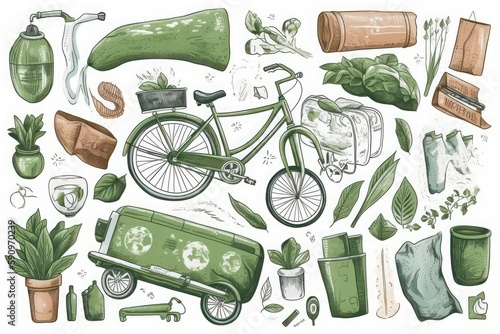 Illustrate a collection of eco-friendly and sustainable lifestyle elements, such as reusable bags, solar panels, and bicycles, Generative AI photo