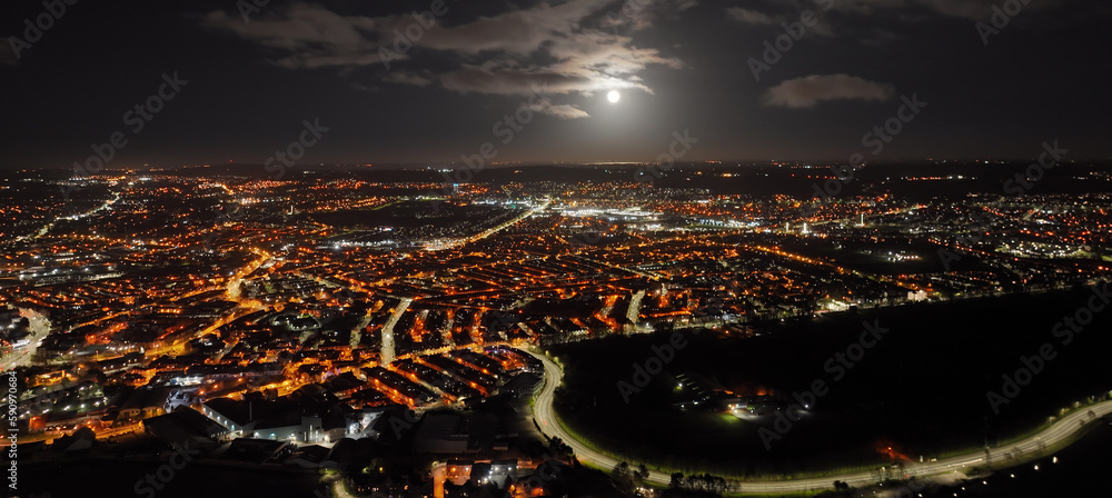Fototapeta premium Aerial view Nightscape of East Belfast Skyline night Cityscape Northern Ireland