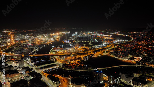 Photography Aerial view Nightscape of Belfast Harbour Skyline night Cityscape Northern Irela
