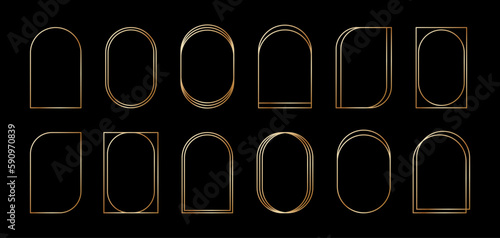 Golden geometric frames in art deco style. Luxury gold borders for for wedding invitation. Thin line oval arch set for invitation decoration. Vector illustration isolated on black background.