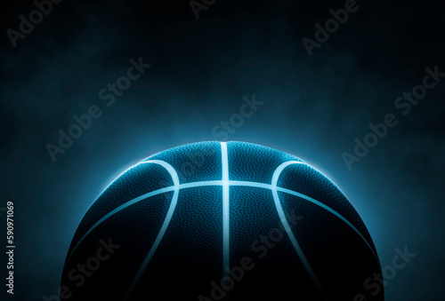 3D rendering of single black basketball with bright blue glowing neon lines, smoke background © Retouch man