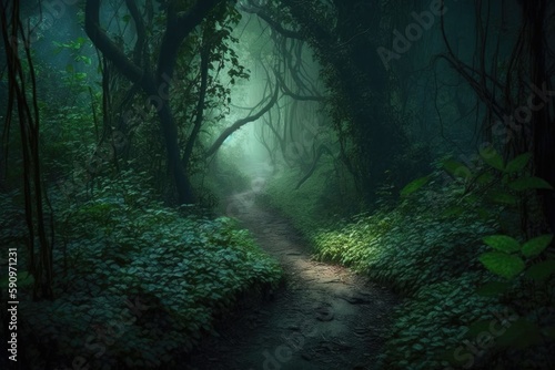 mysterious path winding through a dense, eerie forest. Generative AI