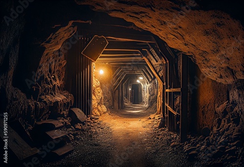 Old gold mine underground tunnel. Generative AI