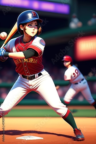 Anime style illustration of young girl holding baseball bat on white background.