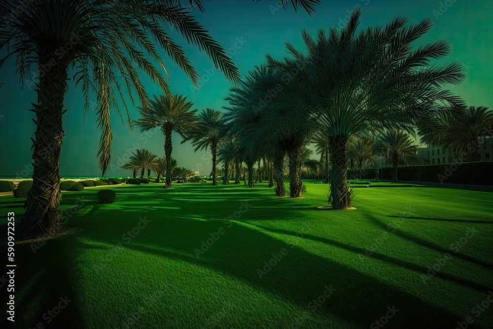 Golf Course at Night with Lined Palm Trees. Generative AI