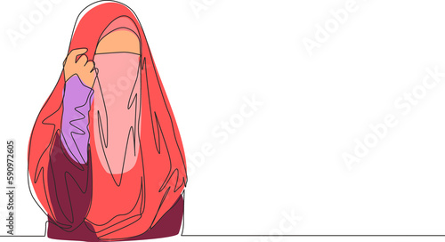 One single line drawing of young happy attractive Asian muslimah wearing burqa and pose nicely. Traditional beautiful Arabian woman niqab cloth concept continuous line draw design vector illustration