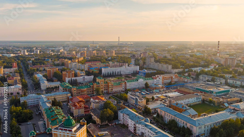 Yoshkar-Ola, Russia. Administration of the Head and Government of the Republic of Mari El. city center during sunset, Aerial View © nikitamaykov