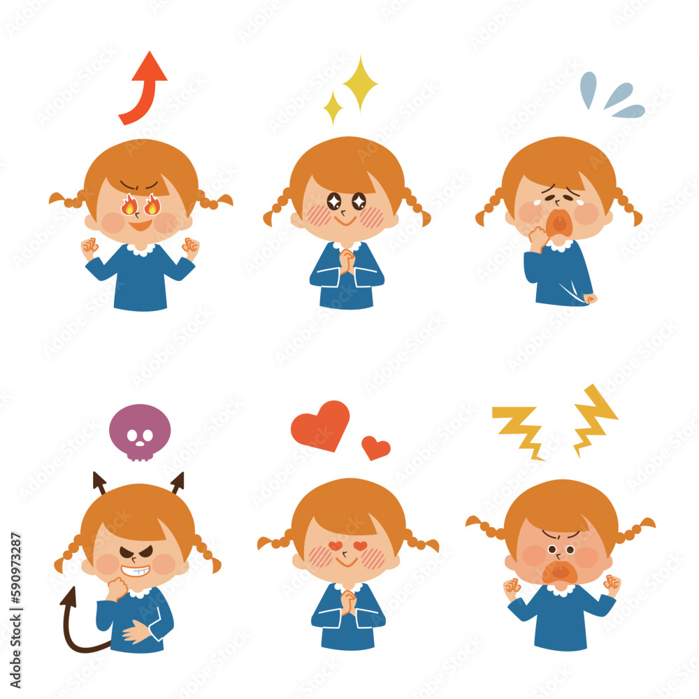 女の子の表情いろいろイラストセット素材　コミカル