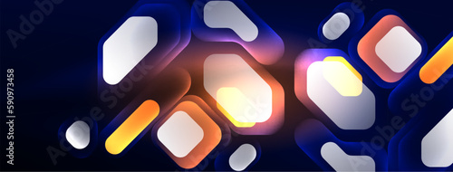 Glowing neon geometric elements abstract background. Neon light or laser show, electric impulse, power lines, techno quantum energy impulse, magic glowing dynamic lines