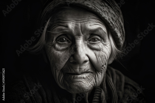 elderly lady with wrinkles on her face, she wears a cap and has a sad facial expression created with Generative AI technology