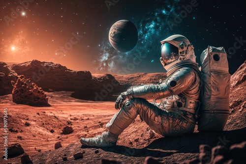 Fototapeta male astronaut seated on the moon's surface with Earth in the background