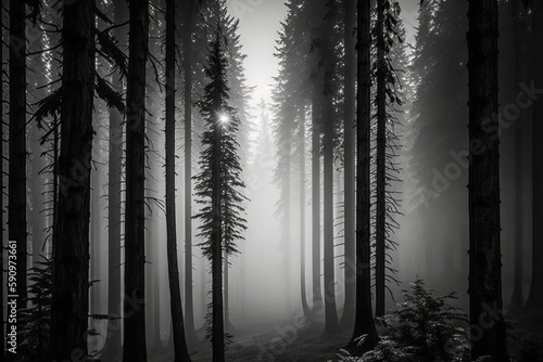 black and white illustration of a forest in the mist created with Generative AI technology