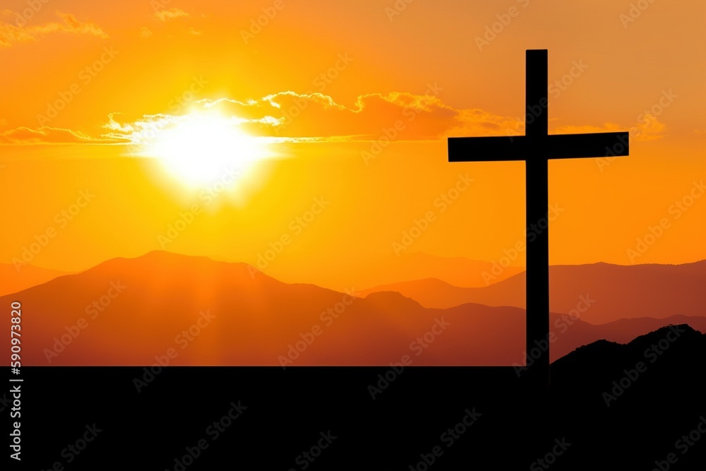 cross on the hill, wooden cross silhouette on top of a hill bathed in warm sunlight during sunset