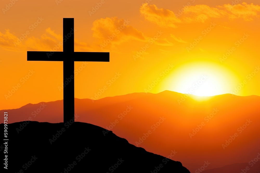 cross on the hill, wooden cross silhouette on top of a hill bathed in warm sunlight during sunset