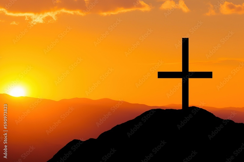 cross in the sunset, wooden cross silhouette on top of a hill bathed in warm sunlight during sunset
