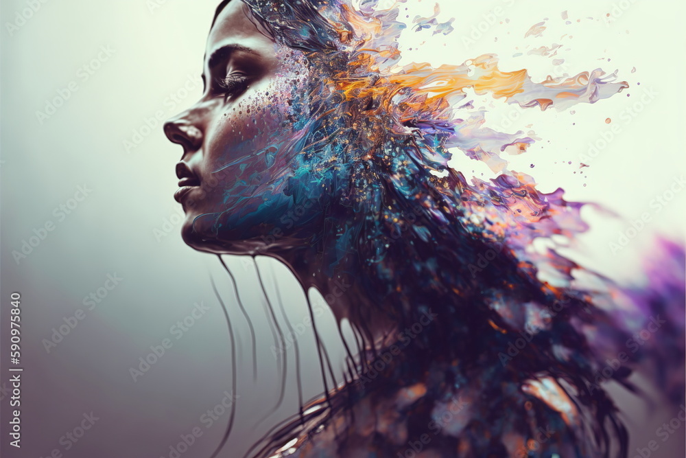 Wondrous illustration portrait woman with colorful iridescent exploding ...