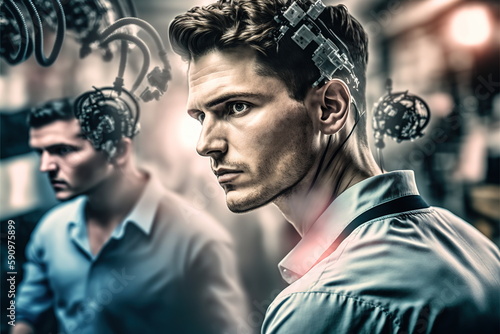 Thoughtful factory supervisor or businessman portrait and wondrous double exposure with industrial production line conveyor process in background. Industrial manufacturing design by Generative AI.