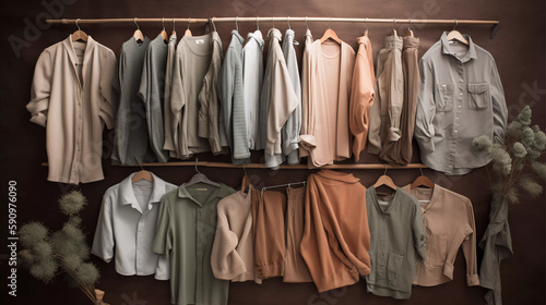 Pure Comfort Flat Lay - A striking image of an eco-conscious wardrobe closet displaying organic fabric clothing, bamboo hangers, and upcycled accessories Ai Generated photo