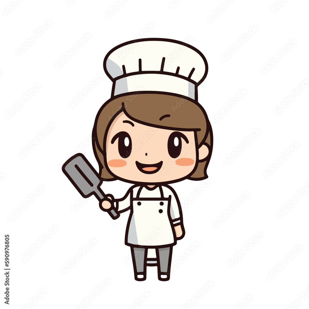 Mascot of cute chef girl wearing chef cap and uniform, holding spatula. Cartoon flat character vector illustration Mascot of cute chef girl wearing chef cap and uniform, holding spatula. Cartoon flat character vector illustration