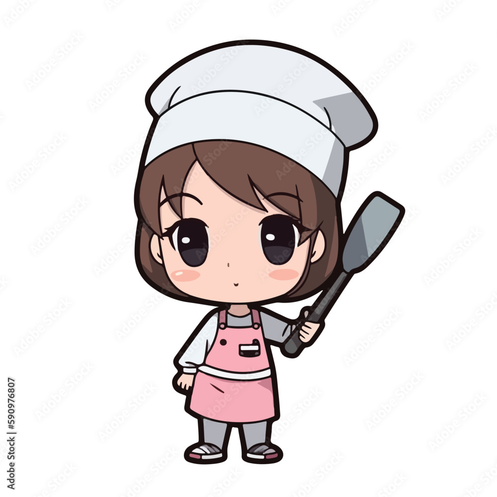 Mascot of cute chef girl wearing chef cap and uniform, holding spatula. Cartoon flat character vector illustration