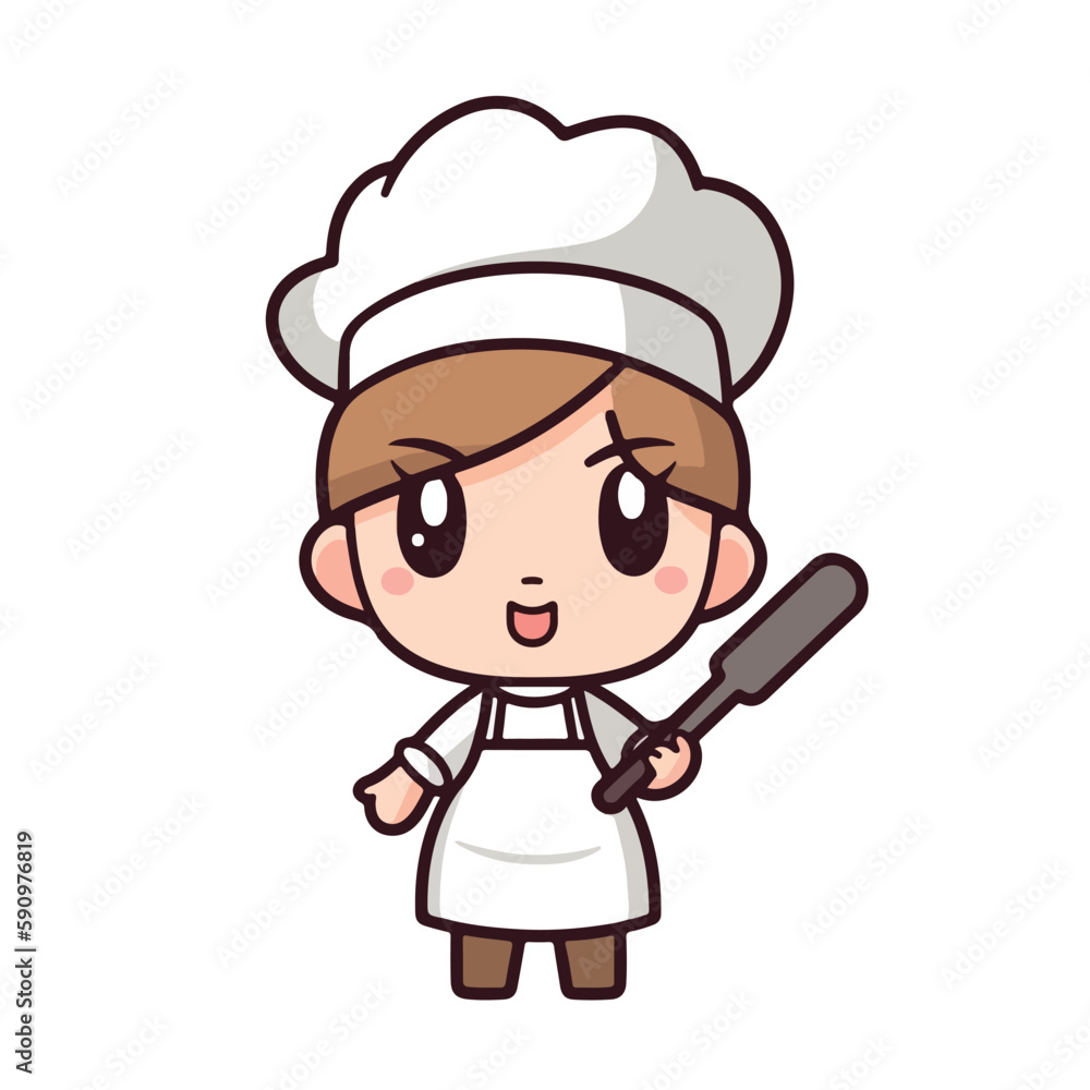 Mascot of cute chef girl wearing chef cap and uniform, holding spatula. Cartoon flat character vector illustration Mascot of cute chef girl wearing chef cap and uniform, holding spatula. Cartoon flat character vector illustration