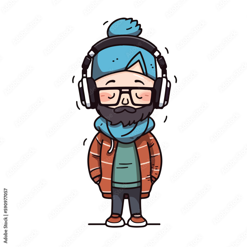 Mascot of cute cool hipster boy wearing jacket, headphone and hat. Cartoon flat character vector illustration