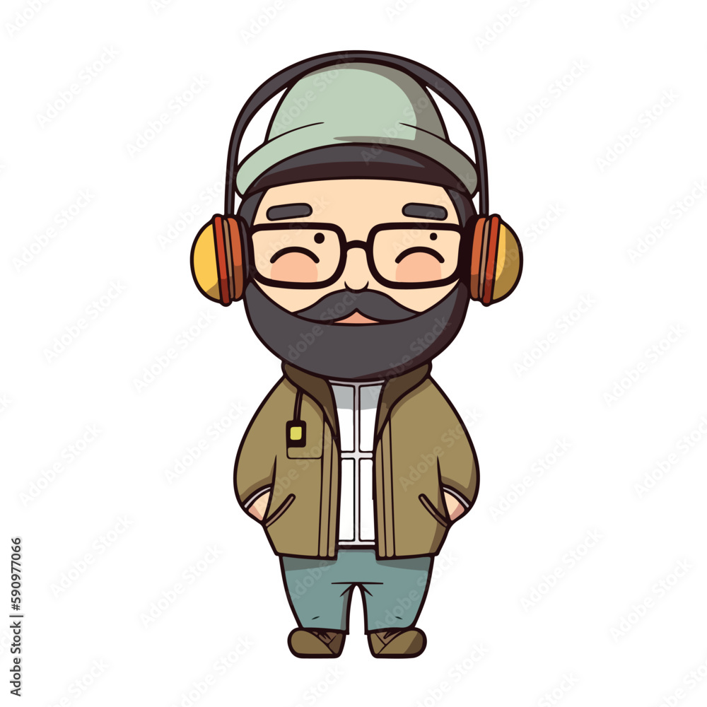 Mascot of cute cool hipster boy wearing jacket, headphone and hat. Cartoon flat character vector illustration Mascot of cute cool hipster boy wearing jacket, headphone and hat. Cartoon flat character vector illustration