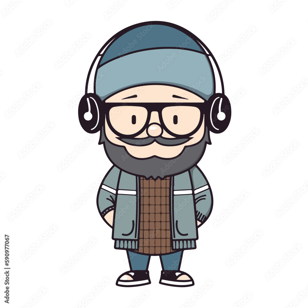 Mascot of cute cool hipster boy wearing jacket, headphone and hat. Cartoon flat character vector illustration