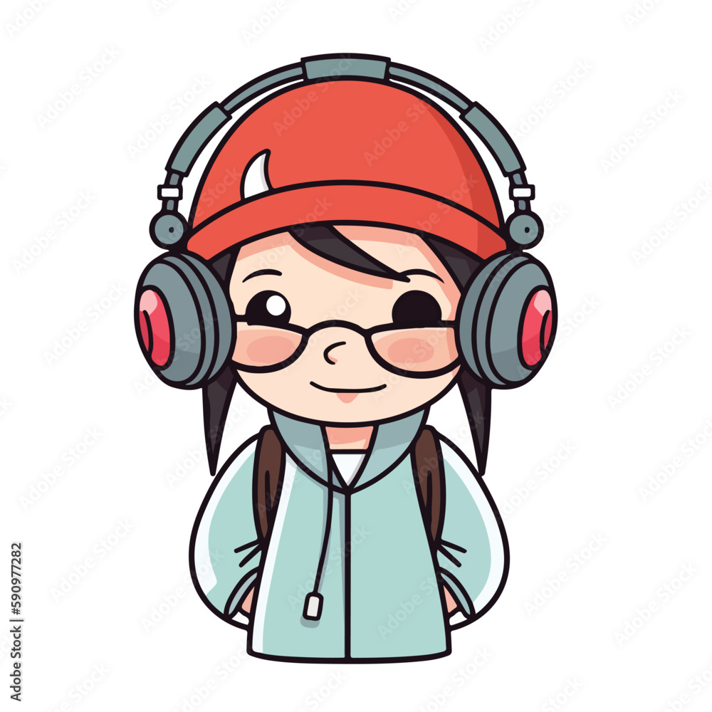 Mascot of cute cool hipster girl wearing jacket, headphone and hat. Cartoon flat character vector illustration