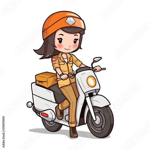 Mascot of cute delivery courier girl riding motorcycle carrying box. Cartoon flat character vector illustration