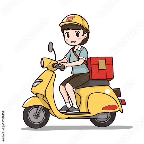 Mascot of cute delivery courier girl riding motorcycle carrying box. Cartoon flat character vector illustration