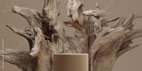 Fototapeta Naklejka Na Ścianę i Meble -  3d rustic wood podium brown background. 3d display for jewelery, perfume and cosmetic products background.3d rendering illustration