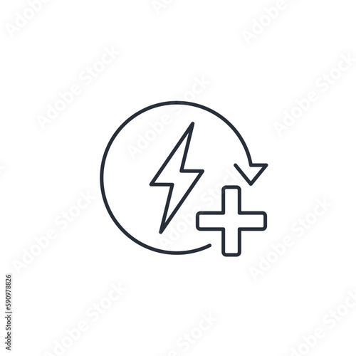Energy with a plus sign. Additional energy, resource. Vector linear icon isolated on white background.