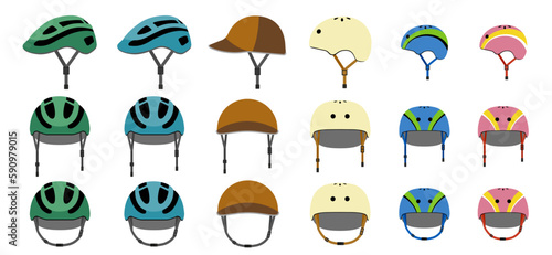 サイクルヘルメットのイラストセット　正面　側面