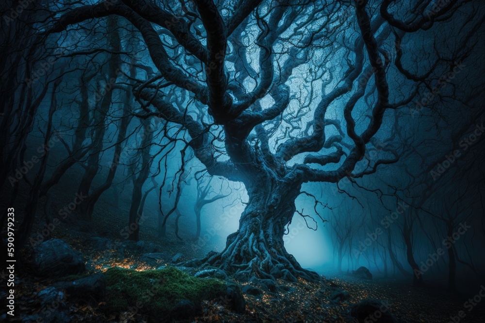 spooky tree in a dense forest at night. Generative AI - obrazy, fototapety, plakaty 