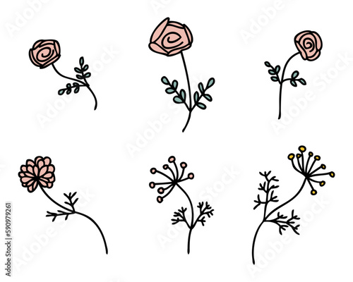 Summer flowers collectoin in simple doodle style. Perfect for tee, stickers, poster, card. Isolated vector illustration for decor and design. photo