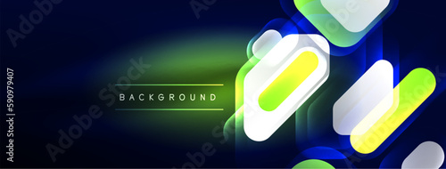 Glowing neon geometric elements abstract background. Neon light or laser show, electric impulse, power lines, techno quantum energy impulse, magic glowing dynamic lines