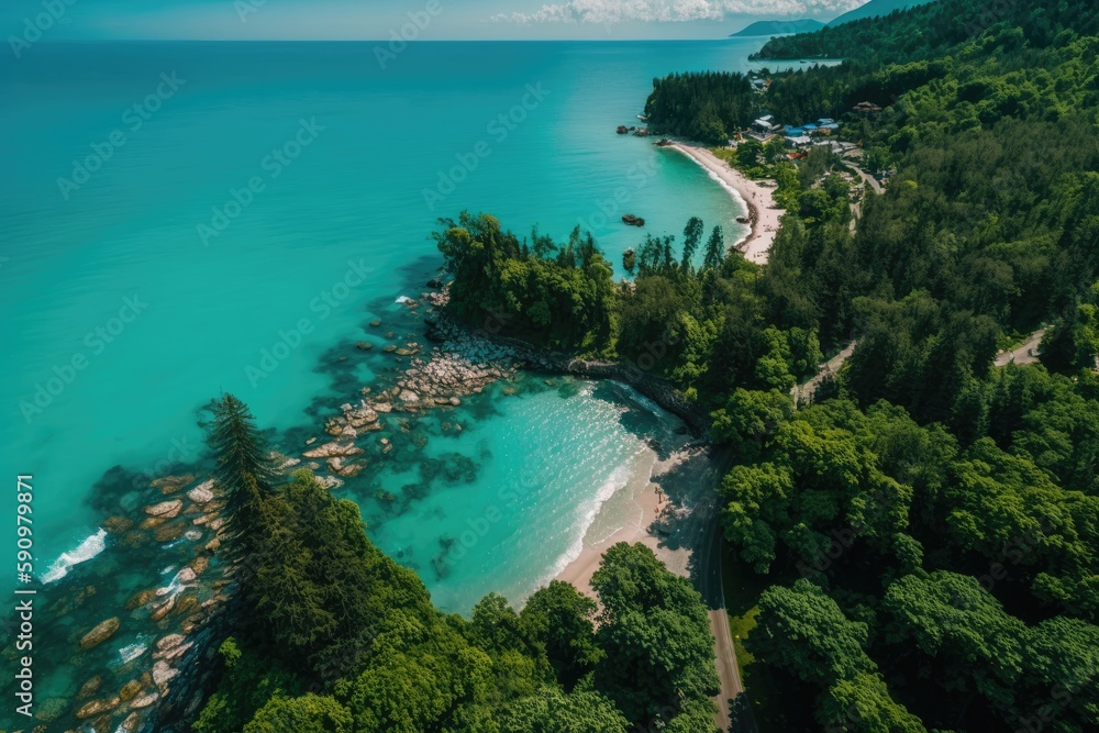 aerial view of a secluded beach surrounded by lush green trees. Generative AI