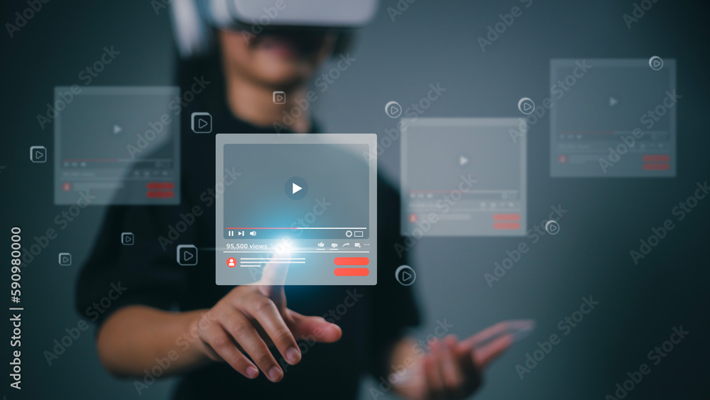 Women Wearing VR for streaming online on virtual screen, watching videos on the internet, webinars online, education on the internet, e-learning concept, Internet Technology Webinar, Online Courses, Women Wearing VR for streaming online on virtual screen, watching videos on the internet, webinars online, education on the internet, e-learning concept, Internet Technology Webinar, Online Courses,