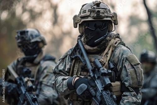 Special military unit with full gear and weapons. Modern infantry force with futuristic weapons and defense system. Soldiers wearing army uniforms and gear with bulletproof helmets. Generative AI.