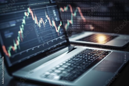 Trading market and economic concepts with a laptop on the office desk. Modern share market and trade companies work with graph charts. Finance and trading graph chart hologram. Generative AI.