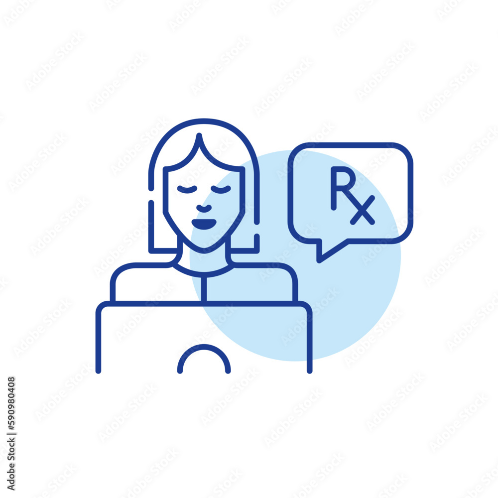 Woman at laptop getting an online prescription. Pixel perfect, editable stroke icon Woman at laptop getting an online prescription. Pixel perfect, editable stroke icon